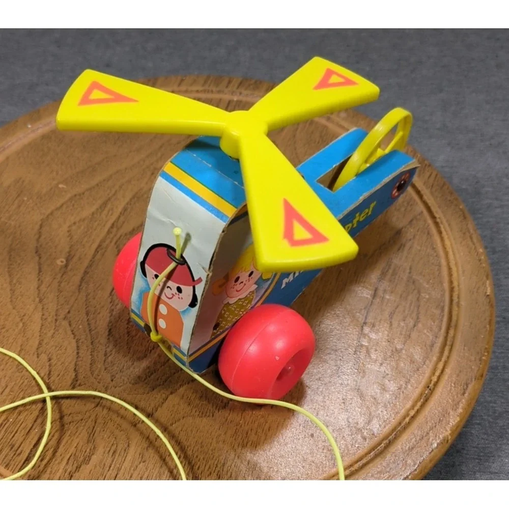 Vtg 1970 Fisher Price Mini Copter Pull Toy 448 Wood Helicopter Works Gnawd Strng